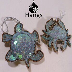 Vintage Sequins & Fabric Sea Turtle and Crab Hangs, Ornament, Tarnished, Aged